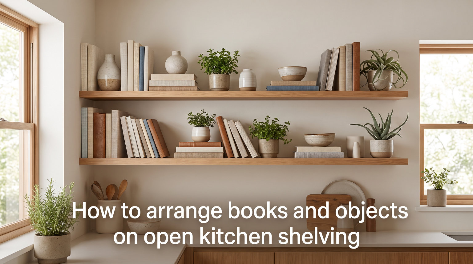 How to arrange books and objects on open kitchen shelving