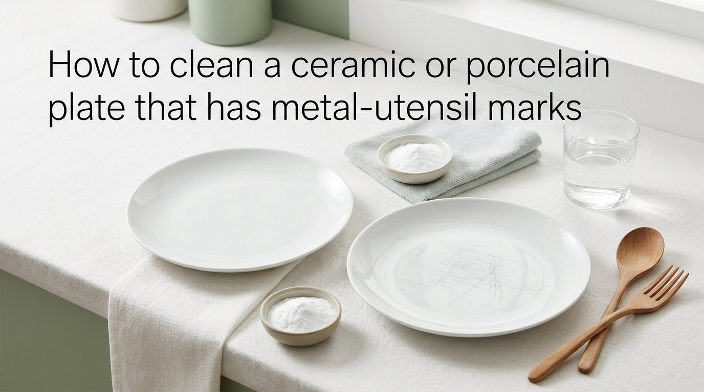 How to clean a ceramic or porcelain plate that has metal-utensil marks