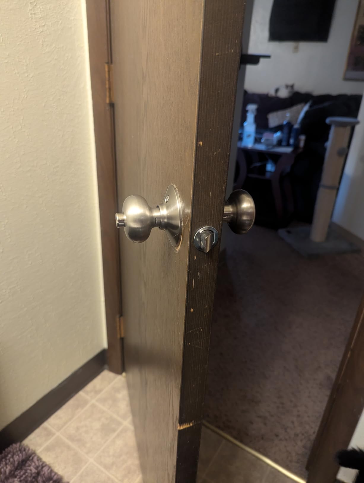 SCHLAGE Plymouth Bed/Bath Privacy Door Knob with Lock, Satin Nickel | Interior bedroom or bathroom door knob with push button lock, Easy to install, Certified durability, Universal fit customer photo 2