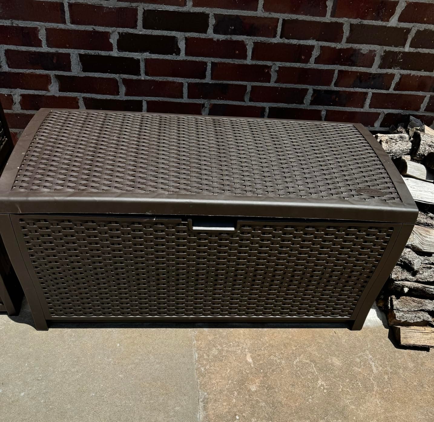 Suncast Outdoor Storage Box - 73 Gallon Mocha Brown Deck Box for Patio, weather-resistant Outdoor Storage Bench, Resin Wicker Style, Heavy-Duty, Lockable Lid for Cushions, Shoes, Pool & Garden Gear customer photo 2