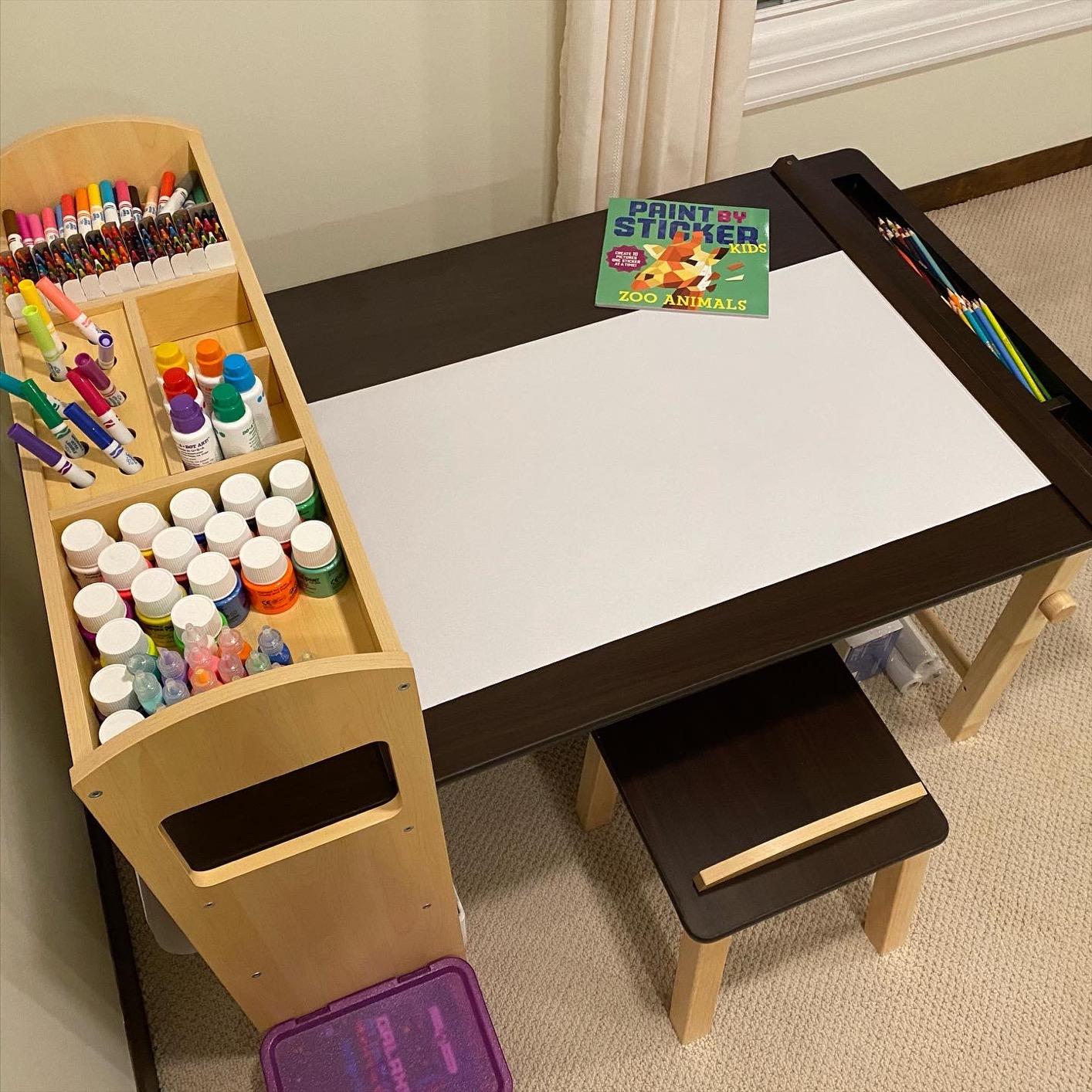 Guidecraft Deluxe Art Center: Kids' Montessori Art Table and Chairs Set with Storage Shelves, 6 Fabric Bins, Paper Roll | Wooden Kids' Activity Desk for Preschool, Homeschool, Playroom Furniture customer photo 1