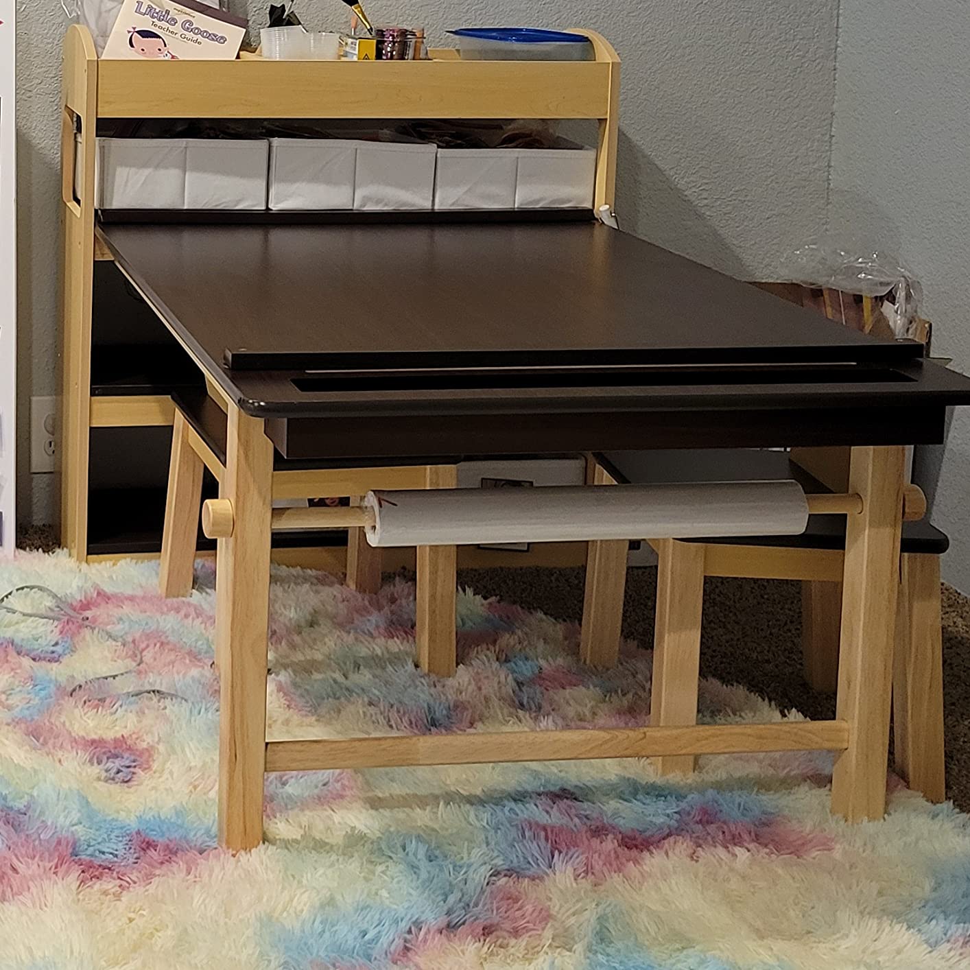 Guidecraft Deluxe Art Center: Kids' Montessori Art Table and Chairs Set with Storage Shelves, 6 Fabric Bins, Paper Roll | Wooden Kids' Activity Desk for Preschool, Homeschool, Playroom Furniture customer photo 2
