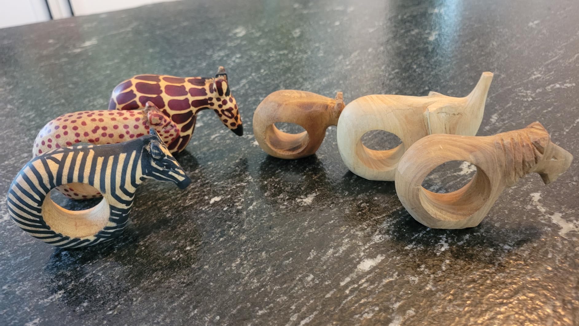 Global Crafts Hand-Carved Mahogany African Animal Napkin Rings Set of 6 | Hand-carved mahogany napkin rings - lion, elephant, giraffe, zebra, cheetah & rhino - handcrafted by skilled artisans customer photo 1