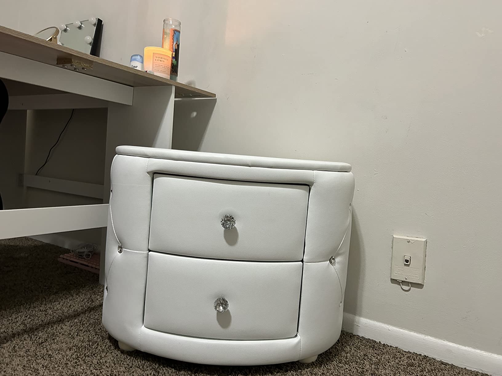 Baxton Studio Davina Hollywood Glamour Style Oval 2-Drawer Faux Leather Upholstered Nightstand, Medium, White customer photo 1
