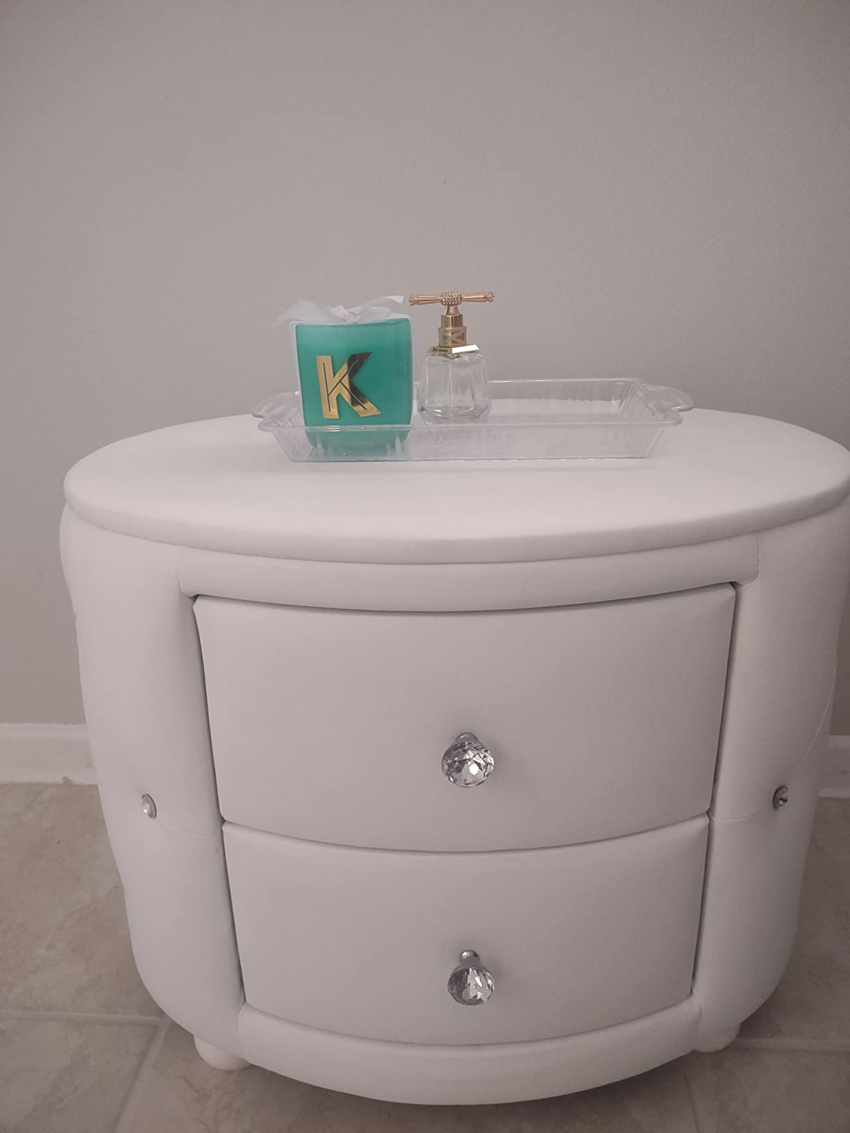 Baxton Studio Davina Hollywood Glamour Style Oval 2-Drawer Faux Leather Upholstered Nightstand, Medium, White customer photo 2