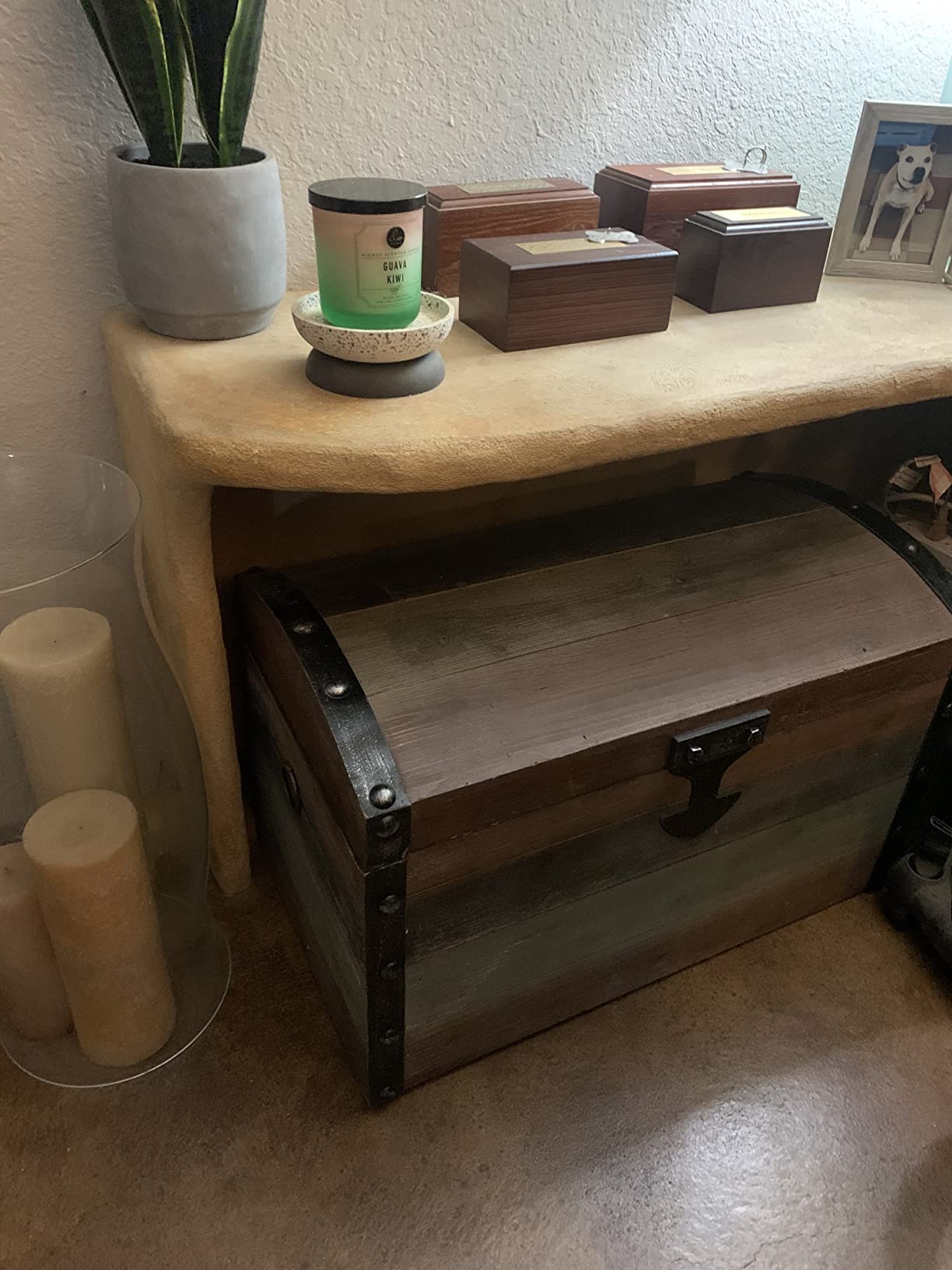 Household Essentials Large Wooden Storage Trunk, Weathered Wood with Paint Finish, Hinged Lid with Metal Accents customer photo 1