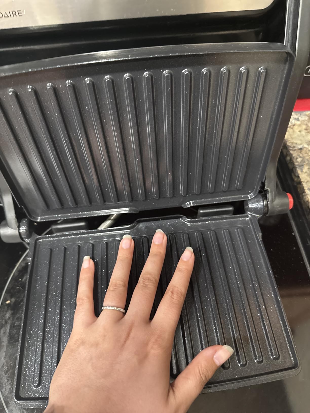 Chefman Electric Panini Press Grill, Compact 2-Slice Sandwich Maker, Non-Stick Coated Plates, Opens 180 Degrees, Dishwasher Safe, Removable Drip Tray, Stainless Steel/Black customer photo 2