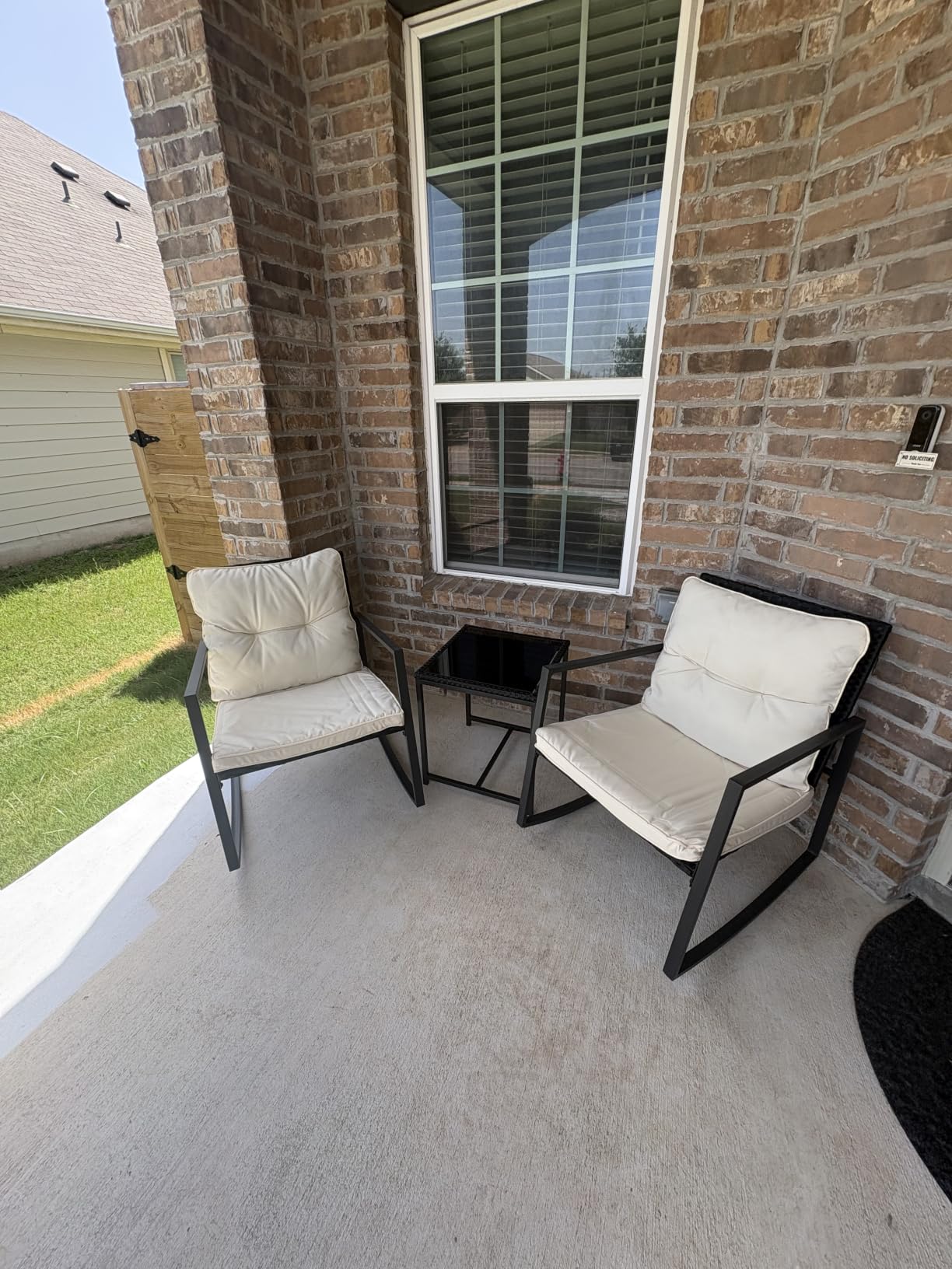 SUNCROWN 3 Piece Outdoor Rocking Bistro Set Brown Wicker Furniture Porch Chairs Conversation Sets with Glass Coffee Table, Beige customer photo 1