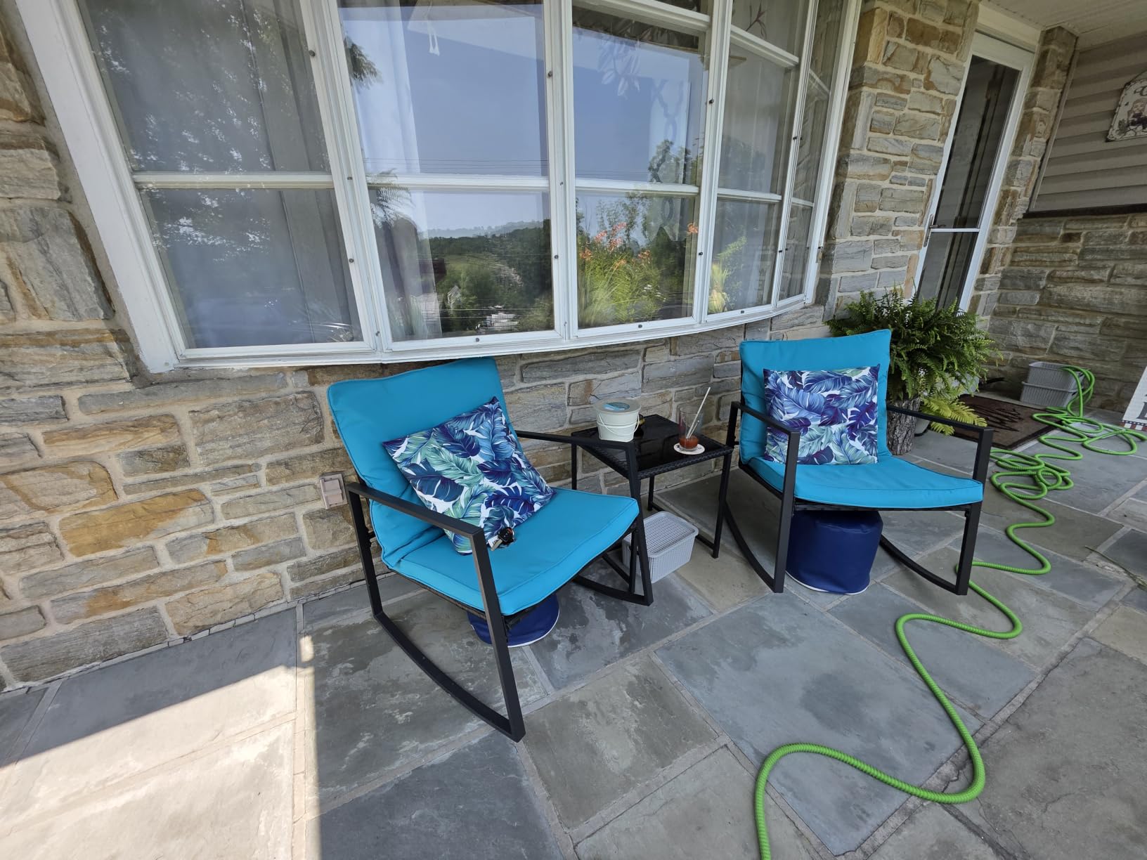 SUNCROWN 3 Piece Outdoor Rocking Bistro Set Brown Wicker Furniture Porch Chairs Conversation Sets with Glass Coffee Table, Beige customer photo 2