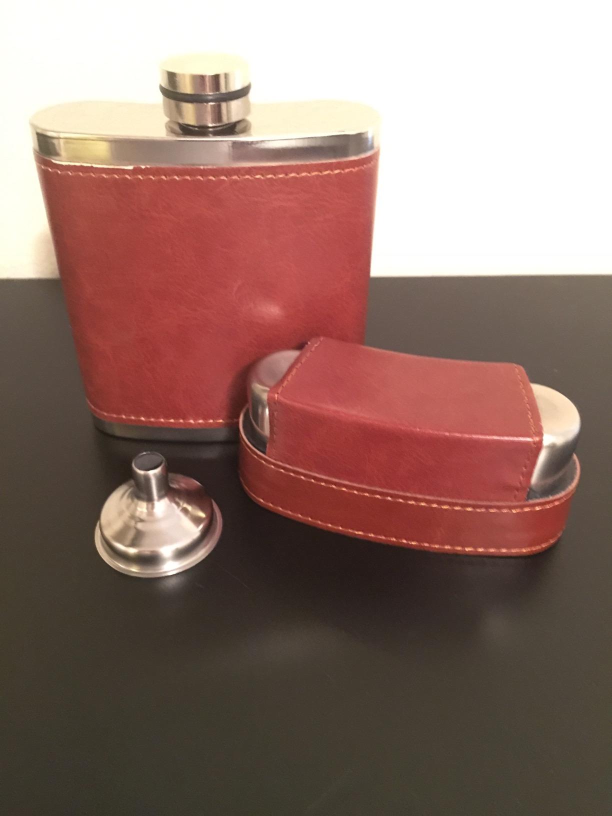 GENNISSY 8oz Hip Flask for Men - 304(18/8) Stainless Steel Bourbon Whiskey Flask, Leakproof with Brown Leather Wrap - Includes Funnel & 3 Mini Cups for Dad, Gifts, Travel customer photo 1