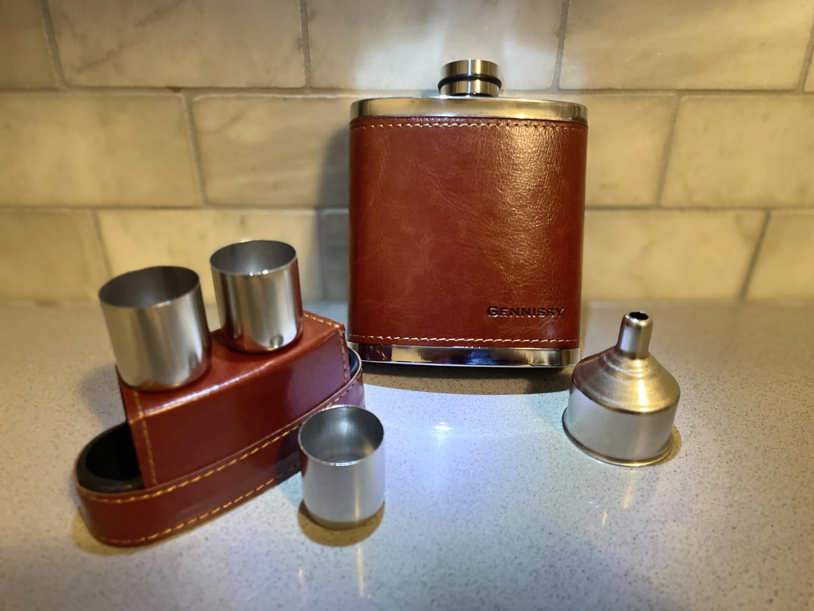 GENNISSY 8oz Hip Flask for Men - 304(18/8) Stainless Steel Bourbon Whiskey Flask, Leakproof with Brown Leather Wrap - Includes Funnel & 3 Mini Cups for Dad, Gifts, Travel customer photo 2