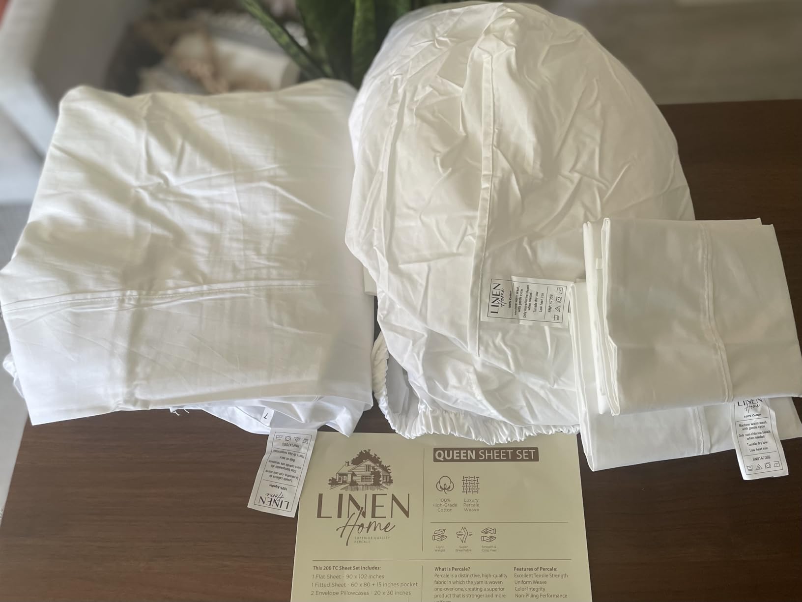 Linen Home 100% Cotton Percale Sheets King, 4 Pc Cooling Set - White | Deep Pocket 15