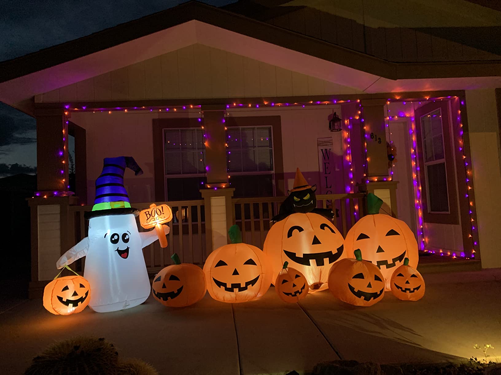 Joiedomi 7 FT Long Halloween Inflatables Pumpkin Outdoor Decorations, 7 Pumpkins Outside Decoration with Witch's Cat with Build-in LEDs Blow Up Inflatables for Party Yard Lawn Garden Decor customer photo 2