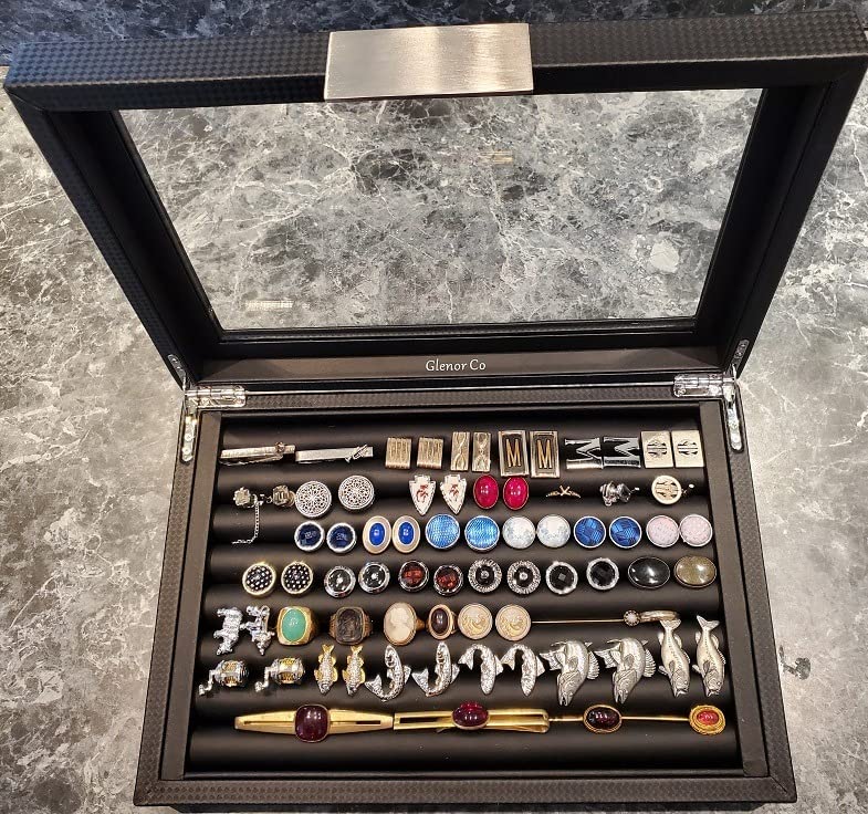 Glenor Co Cufflink Box for Men - Holds 70 Cufflinks - Luxury Display Jewelry Case Design - Metal Buckle Holder, Large Glass Top customer photo 2