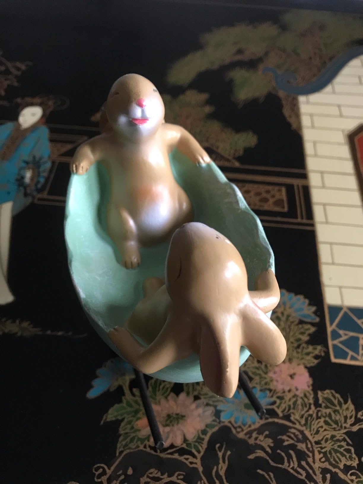 KiaoTime Laughing Bunny Rabbits Rocking in an Easter Egg Cradle Spring Easter Decoration Vintage Rustic Country Bunnies Rabbit Figurine Statue (Bunnies in a Cradle) customer photo 1
