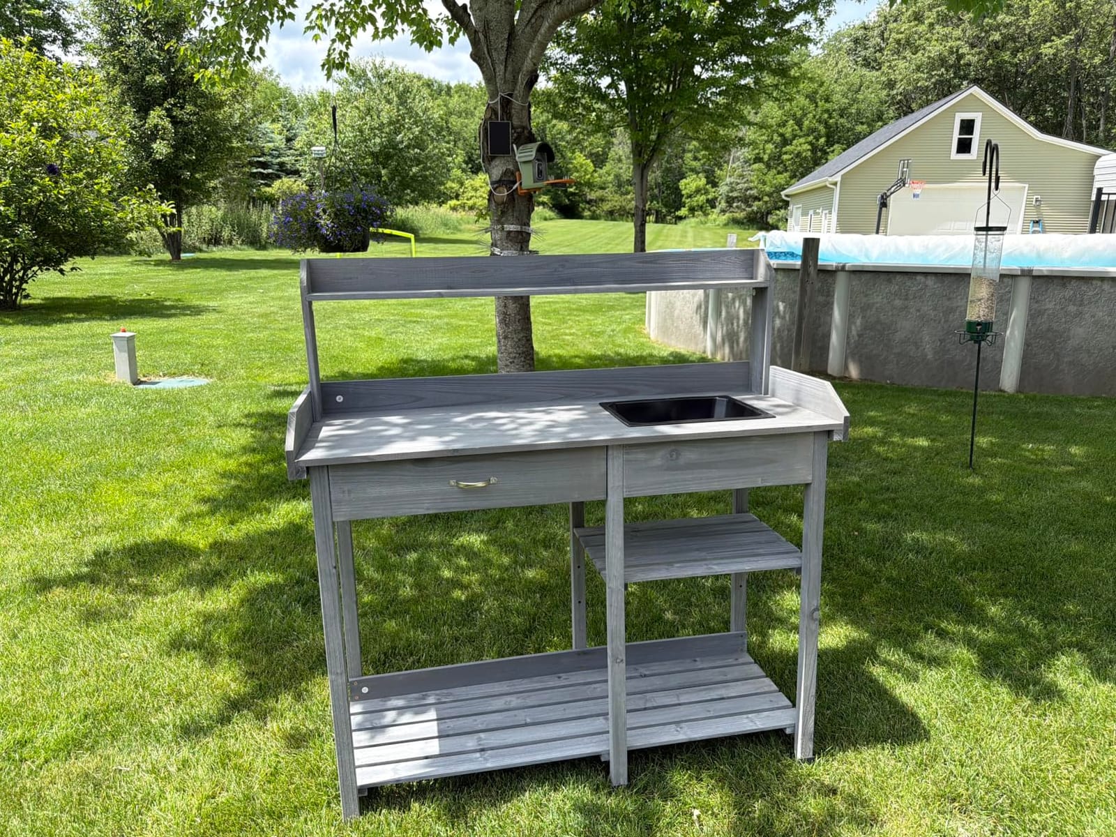 Yaheetech Potting Bench with Sink & Drawer, Outdoor Gardening Table, Gray | Fir wood planting table with 132 lb weight capacity, basin, storage drawer, shelves and hooks keeps pots and tools organized. customer photo 2