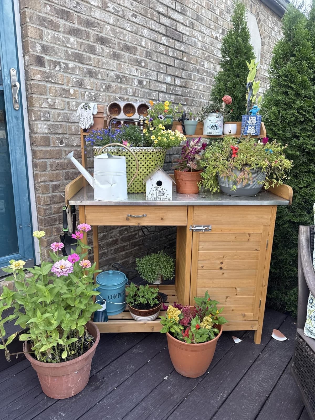Yaheetech Potting Bench Outdoor Potting Table with Storage,Natural Wood | Outdoor potting bench with spacious metal tabletop keeps soil and water contained while providing a durable work surface for customer photo 2