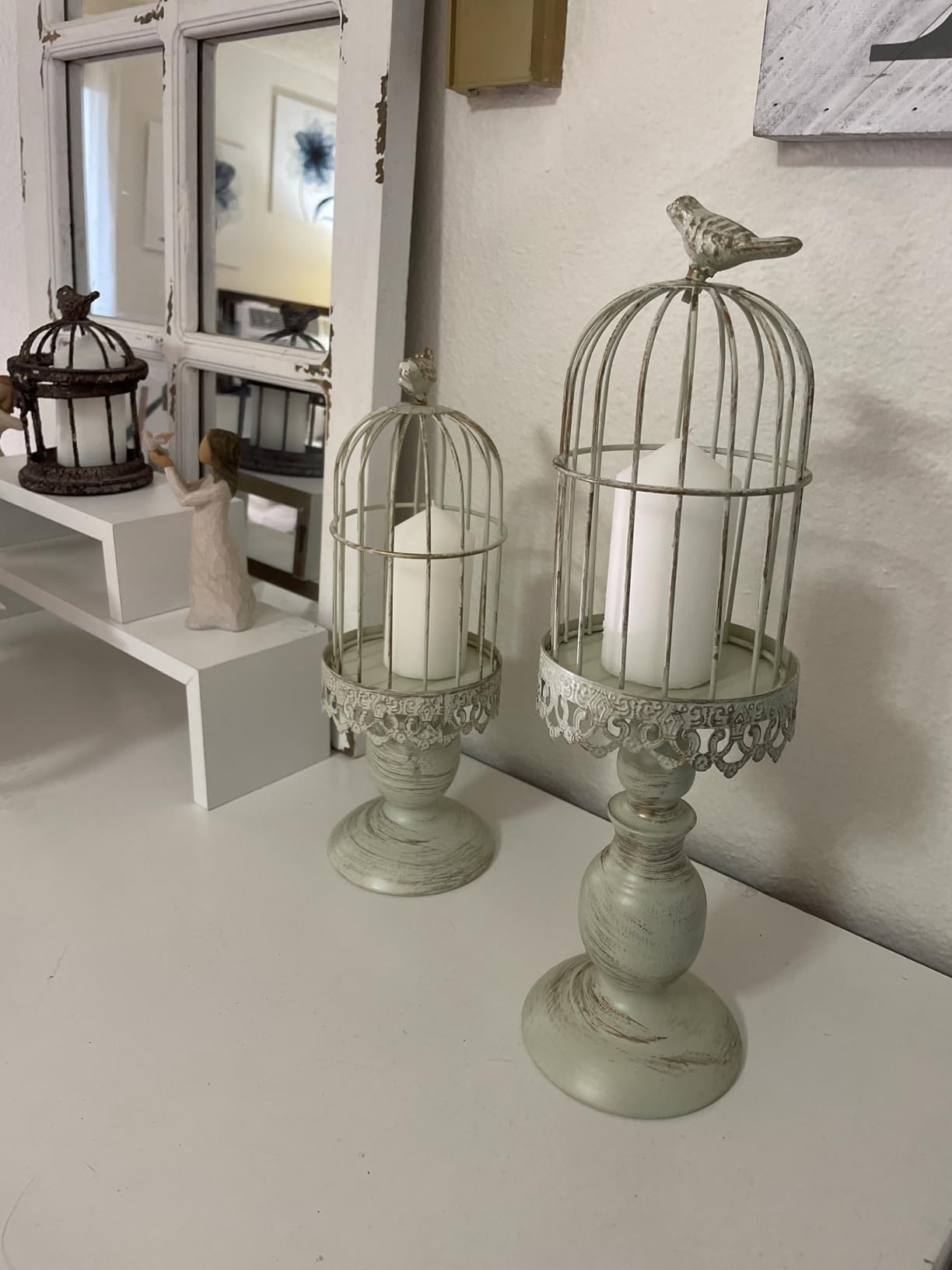 Sziqiqi Birdcage Candle Holders Decorative Set of 2, Distressed Ivory | White Bird Cages Candle Holders for Tealight and Small Pillar, Vintage Wedding Centerpieces, Shabby Chic Home Decor customer photo 1