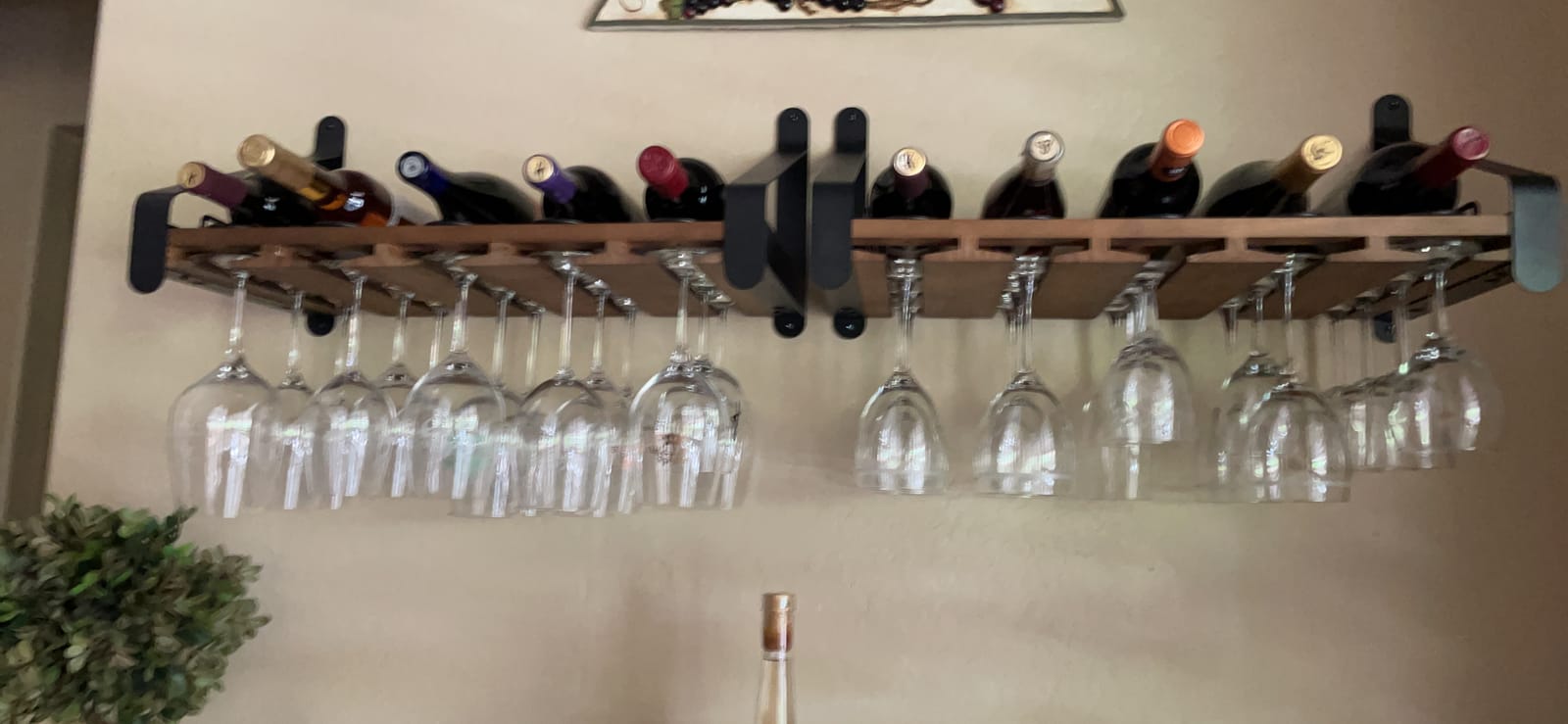Rustic State Barrel Wall Mount Wood Floating Wine Rack with Glassware Holder Stemware Shelf Organizer for 5 Bottle and up to 15 Glass Storage - Kitchen Dining Room Bar Décor - Walnut customer photo 1