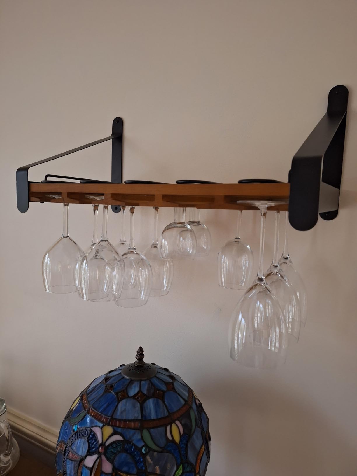 Rustic State Barrel Wall Mount Wood Floating Wine Rack with Glassware Holder Stemware Shelf Organizer for 5 Bottle and up to 15 Glass Storage - Kitchen Dining Room Bar Décor - Walnut customer photo 2