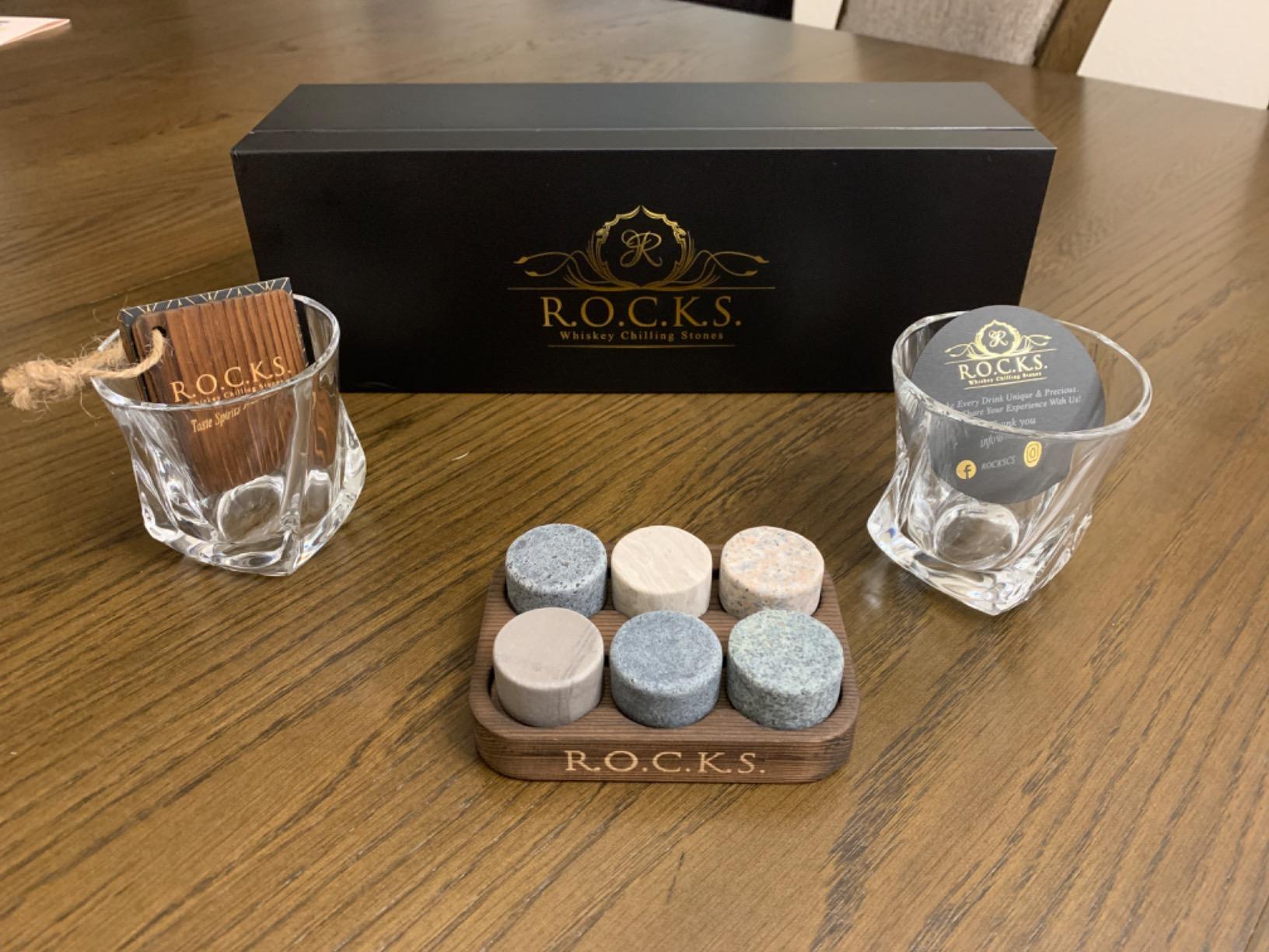 Whiskey Chilling Stones Gift Set - 6 Handcrafted Premium Granite Round Sipping Rocks - 2 Crystal Superior Glasses - Hardwood Presentation & Storage Tray - Elegant Gold Foil Gift Box by R.O.C.K.S. customer photo 1