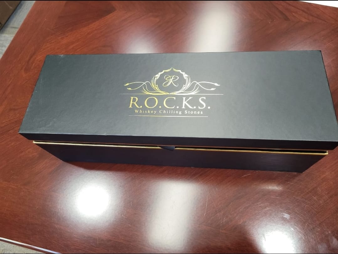 Whiskey Chilling Stones Gift Set - 6 Handcrafted Premium Granite Round Sipping Rocks - 2 Crystal Superior Glasses - Hardwood Presentation & Storage Tray - Elegant Gold Foil Gift Box by R.O.C.K.S. customer photo 2
