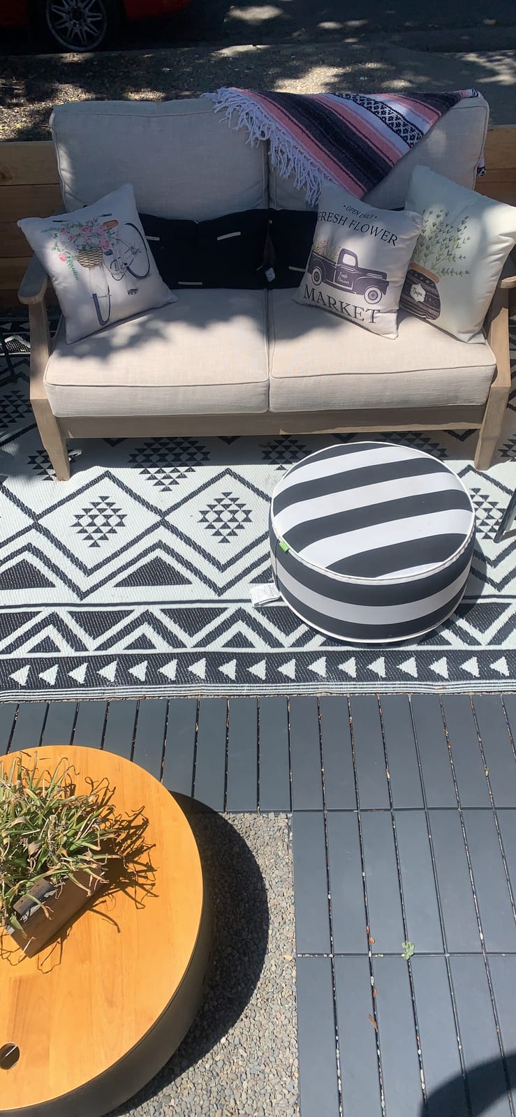 Signature Design by Ashley Clare View Outdoor Loveseat with Cushion, Beige | Eucalyptus wood frame, 5-step protective coating, Nuvella performance fabric, Compact balcony furniture, 2 throw pillows customer photo 1