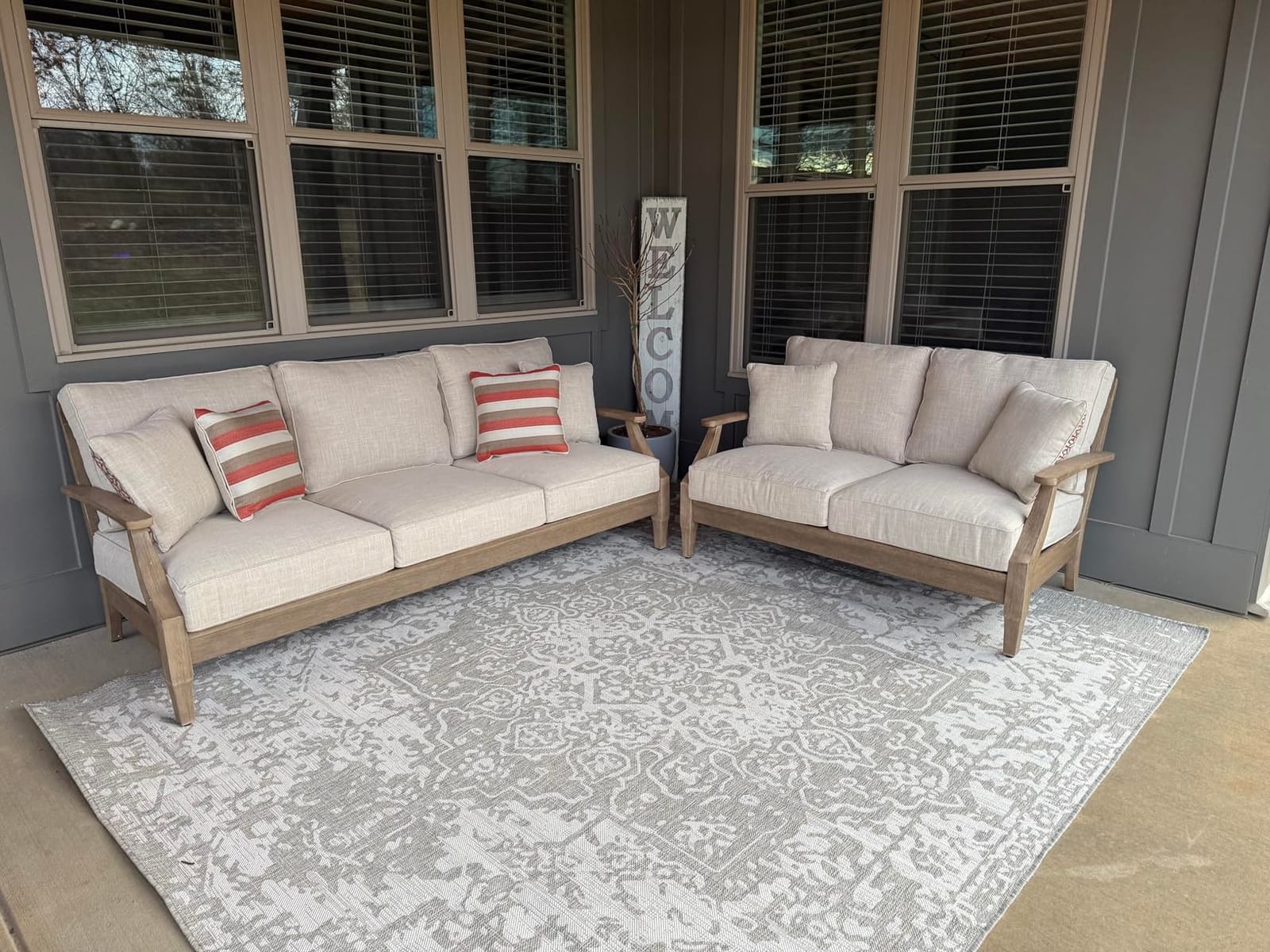 Signature Design by Ashley Clare View Outdoor Loveseat with Cushion, Beige | Eucalyptus wood frame, 5-step protective coating, Nuvella performance fabric, Compact balcony furniture, 2 throw pillows customer photo 2