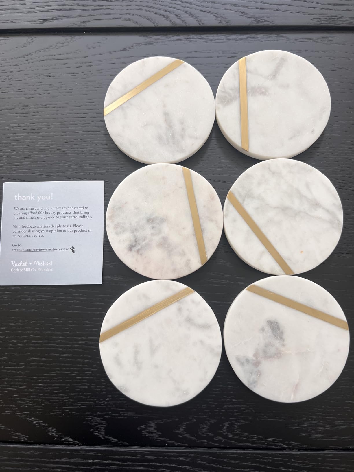 Cork & Mill Marble Coasters with Gold Brass Inlay, White, Set of 6 | Real Natural Semi Absorbent Stone, Modern Luxury Decor for Coffee Table, Office Desk or Bar Cart customer photo 2