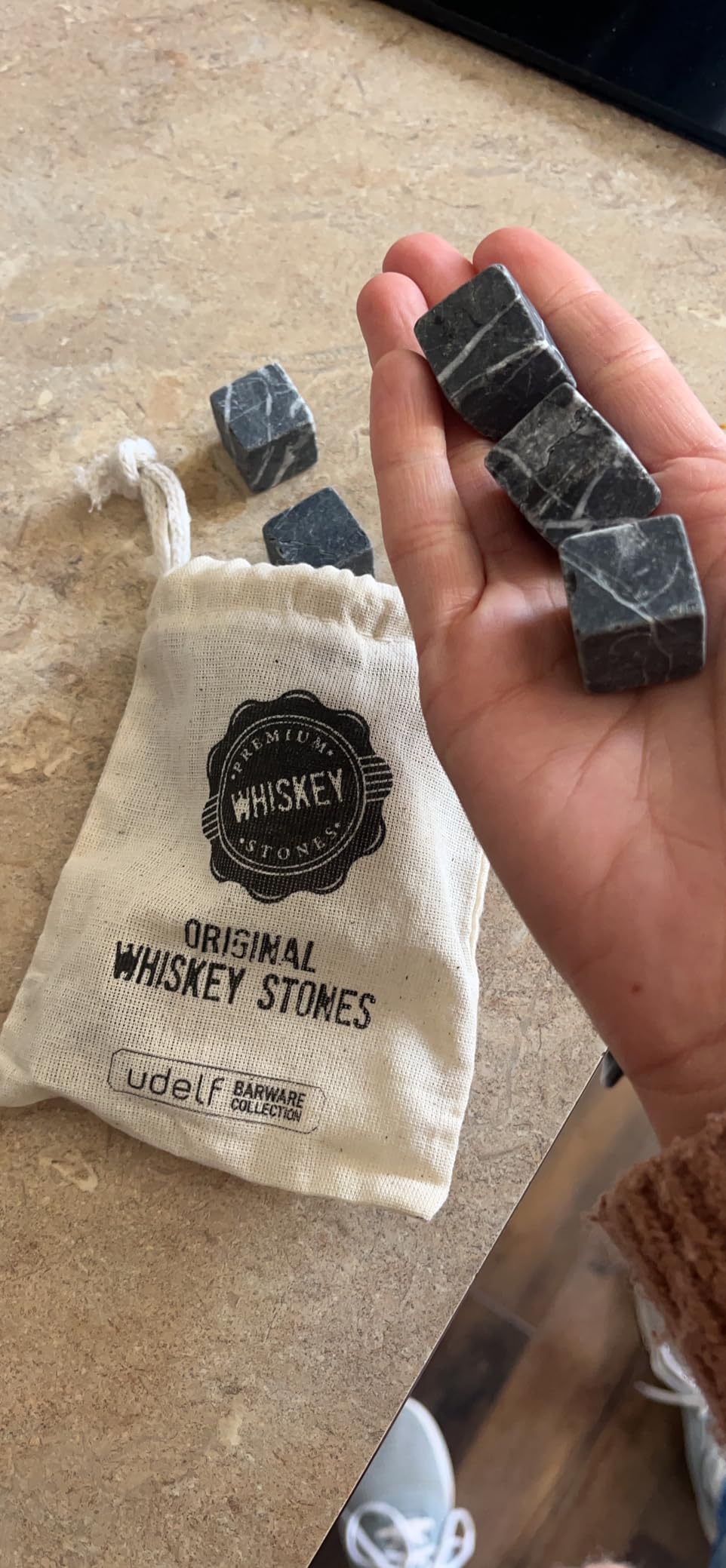 Premium Whiskey Stones Gift Set with 12 Pcs Stones and Bag. Whiskey, Bourbon, Cognac, Scotch, Gin, Wine Beverage. Marble Reusable Ice Cubes. Birthday Gift for Whiskey Lovers (Dark Grey) customer photo 1