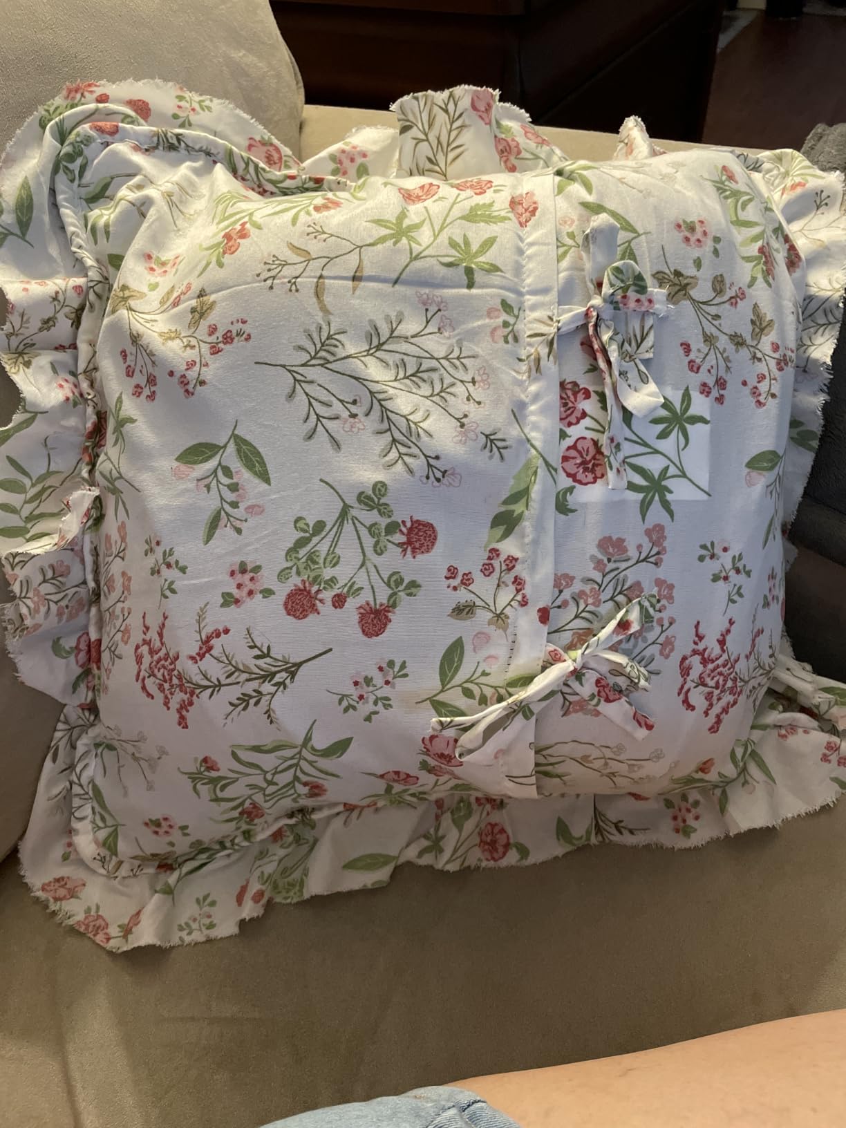 Brilliant Sunshine Pink & Green Roses Ruffle Pillowshams Set, 18x18 | Patchwork Design with Ruffles, Quilted Pillow Covers, Washable Throw Cushion Cases for Couchs and Beds, Pack of 2 customer photo 1