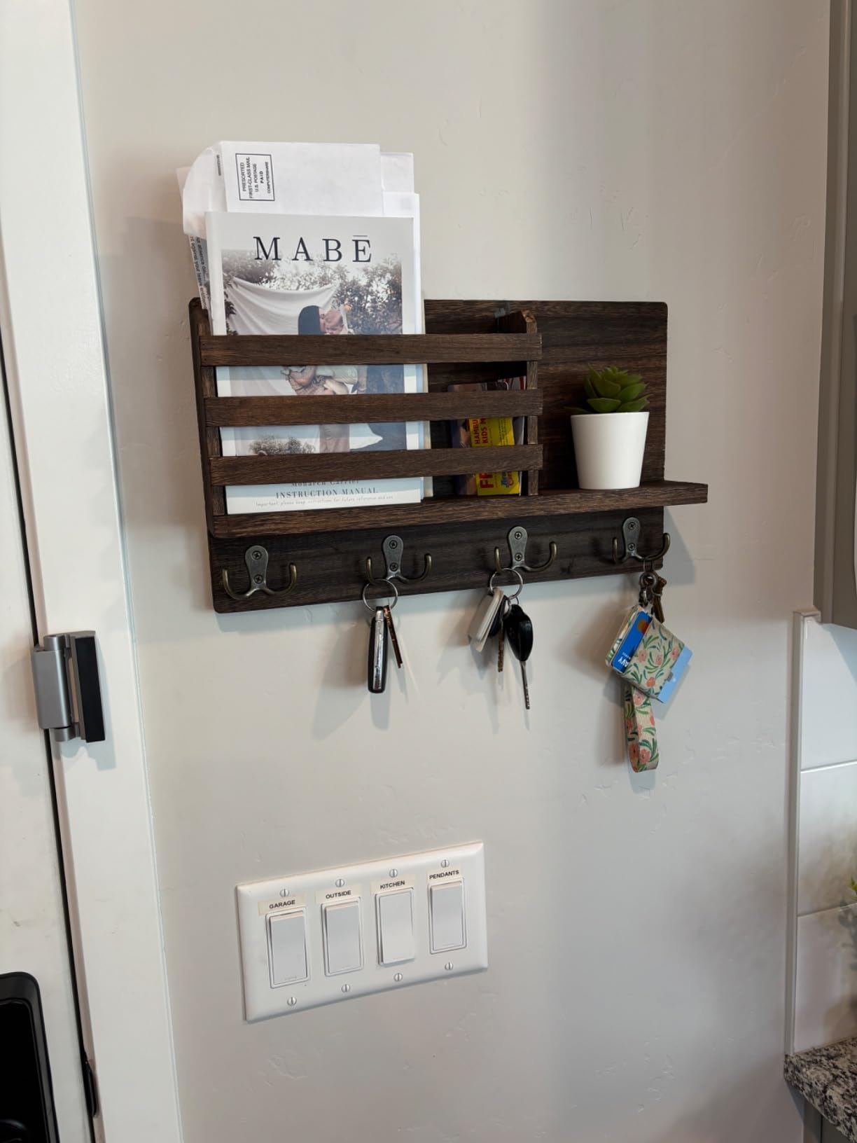 Dahey Key Mail Holder Wall Mounted Wooden Hanger with 4 Double Hooks, Brown customer photo 2