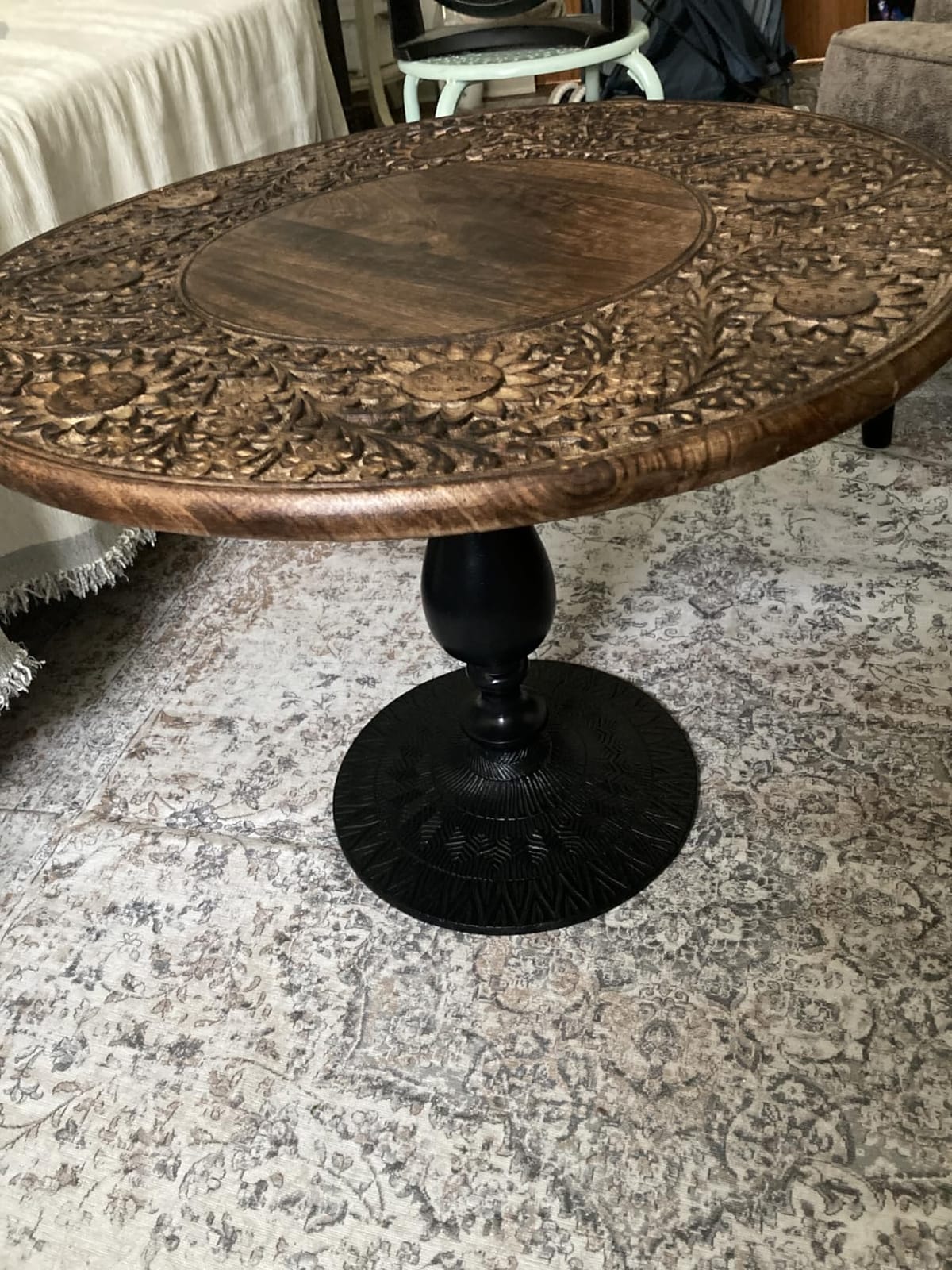 Solid Wood Coffee Table, Burnt Finish, 36x18 | Solid mango wood, hand-carved vintage design, burnt rustic finish, 36x18 in tabletop, center or accent table, easy-clean customer photo 2