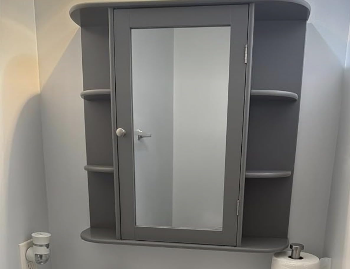 Tangkula Bathroom Medicine Cabinet with Mirror, Modern Wall Mounted Space-Saving Storage Organizer with Mirrored Door, 4 Internal Shelves & 6 Open Side Shelves, Bathroom Wall Cabinet (White) customer photo 1