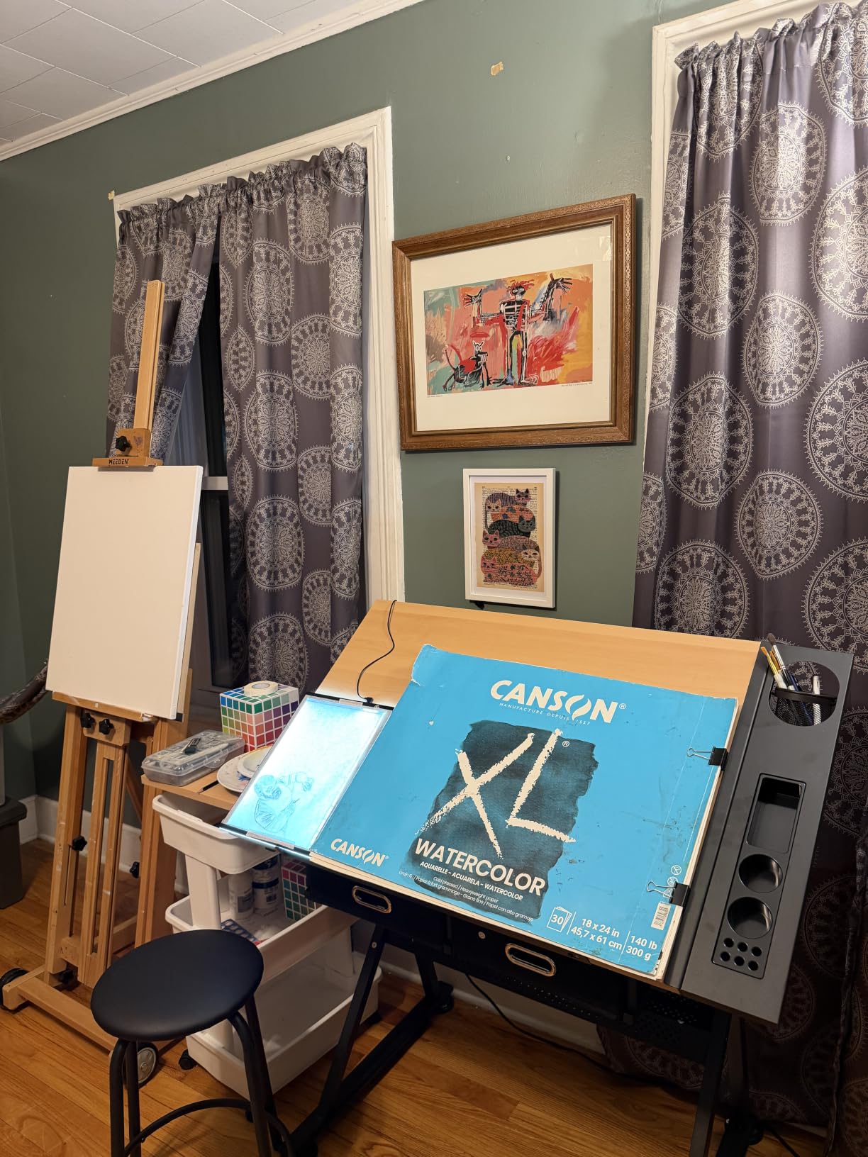 Yaheetech Adjustable Drafting Table Art Desk, Storage Drawers & Stool, Wood | MDF tabletop tilts 0-60 on a metal frame for drawing, crafts, and homework, with two supply drawers and a matching stool customer photo 2