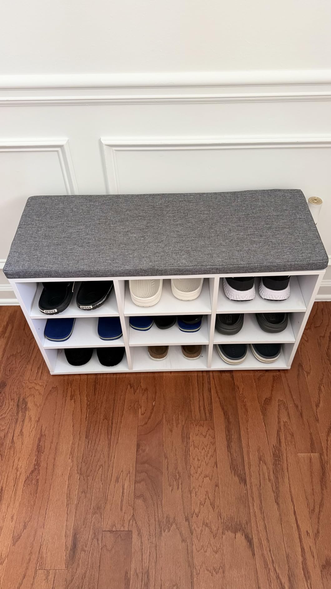 VASAGLE CUSTOS Collection - Shoe Bench, Storage Bench with Padded Seat, Entryway Bench with 15 Compartments, for Bedroom, 11.8 x 41.3 x 18.9 Inches, Cloud White and Dove Gray ULHS15WT customer photo 1