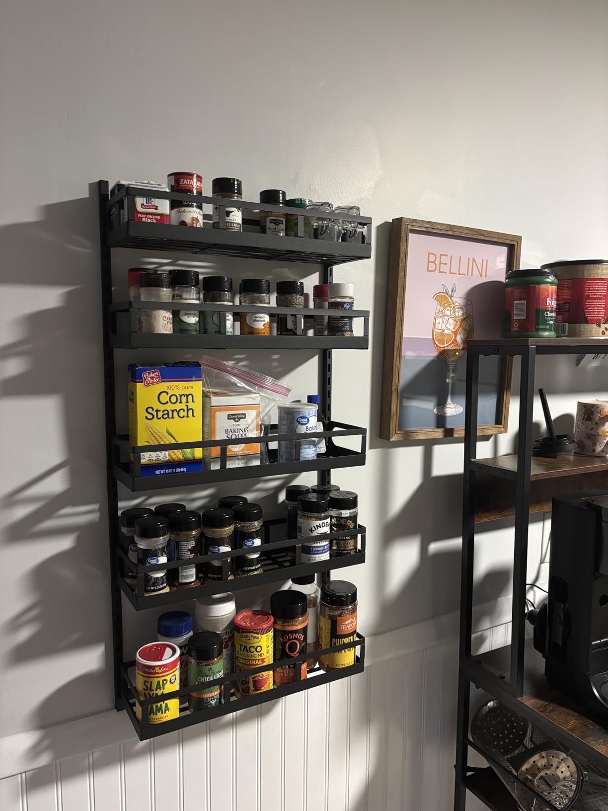 X-cosrack Wall Mount Spice Rack Organizer 5 Tier Height-Adjustable Hanging Spice Shelf Storage for Kitchen Pantry Cabinet, Dual-Use Seasoning Holder Rack with Hooks, Black-Patented customer photo 1