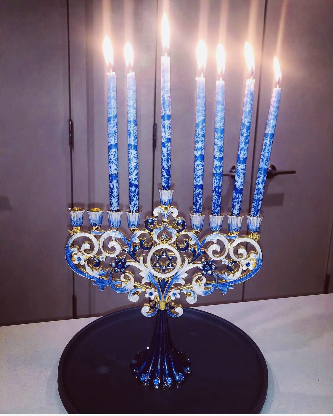 Artistic Chanukah Candle Menorah Elegantly Jeweled and Gold Plated Tree Fleur De Lis customer photo 2