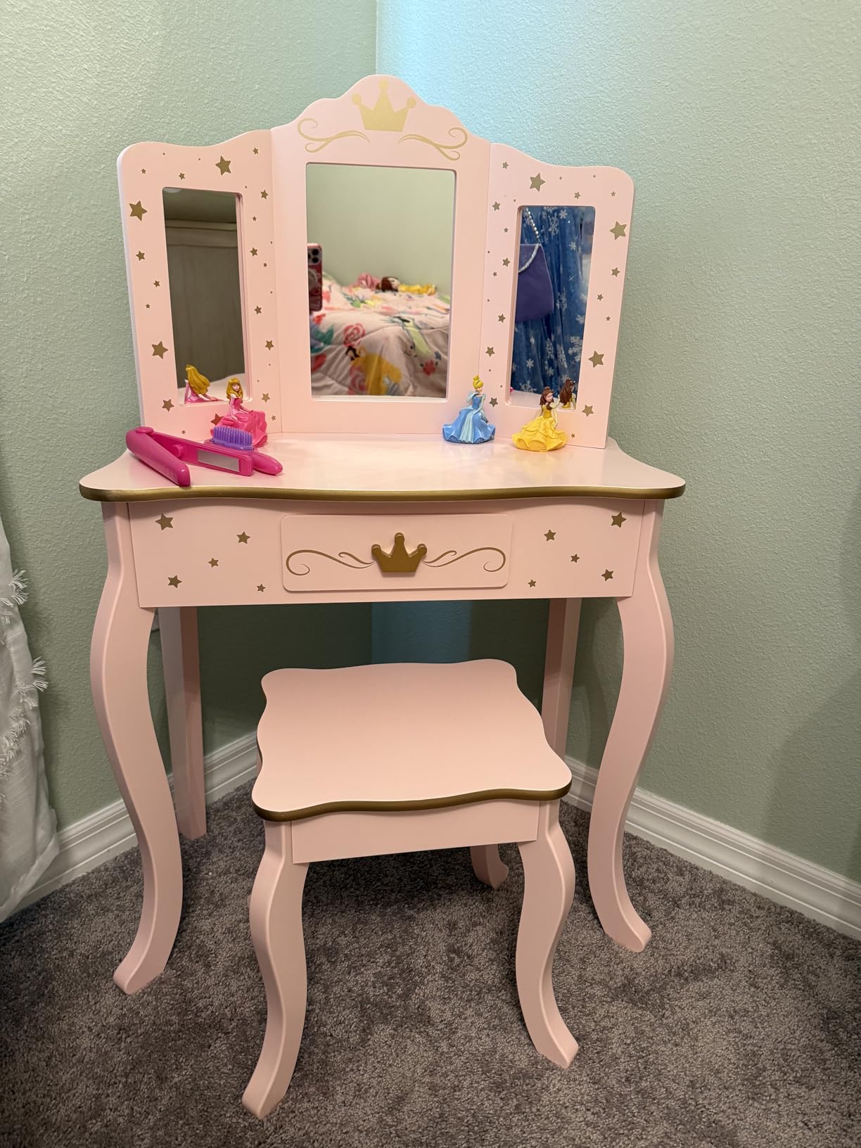 UTEX Pink Crown Princess Kids Vanity Set with Drawer for Little Girls | Wooden Toddler Vanity, Kids Vanity Table and Chair Set, Crown and Star Patterns, Gold Edge Trim, Princess Style customer photo 2