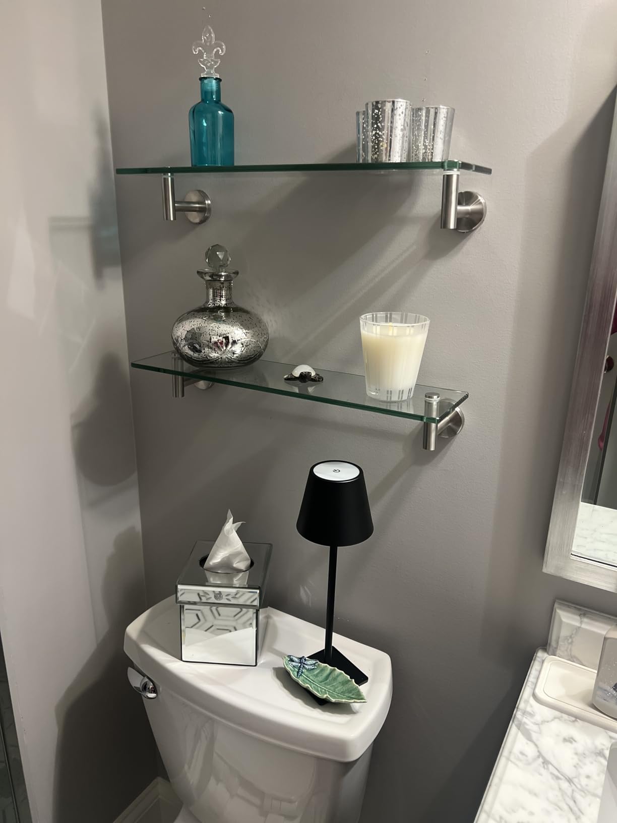 KES Bathroom Floating Glass Shelf 20-Inch, 2-Pack, Brushed Stainless Steel | 8mm Tempered Glass, Wall Mounted, Rustproof Stainless Steel Brackets, Max Load 11 Lbs, Rounded Corners, Easy Install customer photo 1
