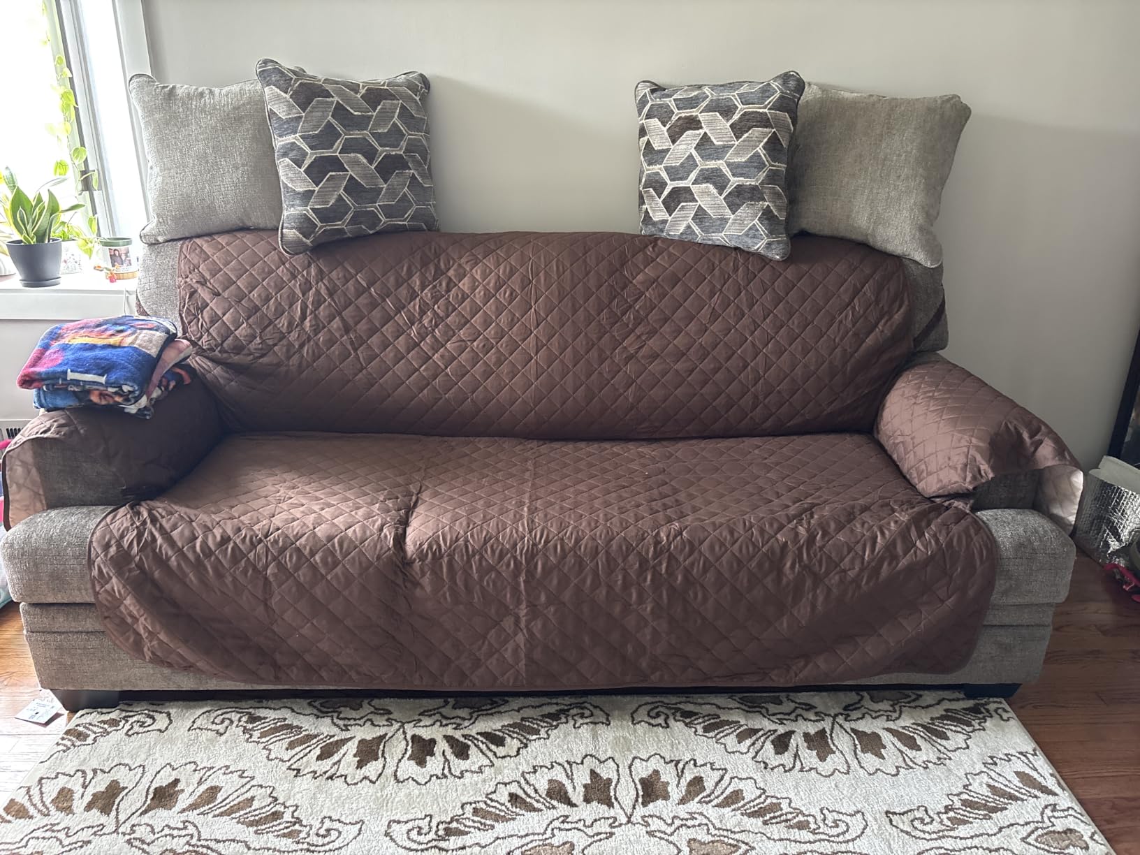 U-NICE HOME Reversible Sofa Cover Couch Cover for Dogs, Coffee/Beige | 68''Sofa Mat Washable, Pet Friendly, Elastic Straps, Water Repellent, Furniture Protector for 3 Cushion Couch customer photo 2
