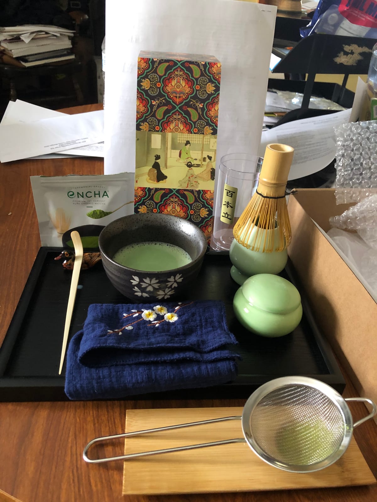 Artcome Japanese Matcha Tea Set, Matcha Whisk, Traditional Scoop, Matcha Bowl, Black Bamboo Tray, Ceramic Whisk Holder, Matcha Caddy, Handmade Matcha Ceremony Kit For Japanese Tea Ceremony (10Pcs) customer photo 1