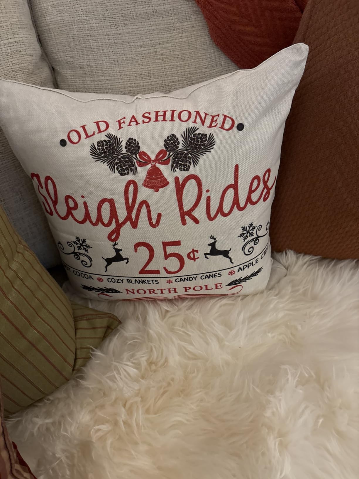 4TH Emotion Farmhouse Christmas Pillow Covers 18x18 Set of 4 Winter Holiday Decorations Xmas Rustic Throw Cushion Case for Sofa Couch Home Decor (Sleigh Rides, Farm Fresh Tree, Cocoa, Candy Canes) customer photo 1