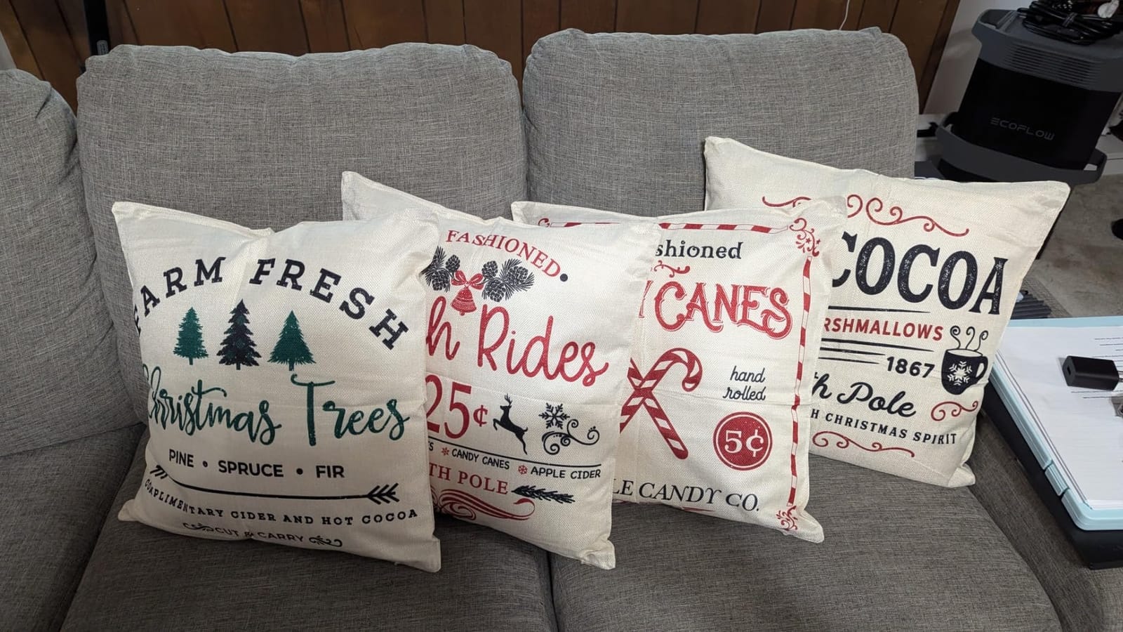 4TH Emotion Farmhouse Christmas Pillow Covers 18x18 Set of 4 Winter Holiday Decorations Xmas Rustic Throw Cushion Case for Sofa Couch Home Decor (Sleigh Rides, Farm Fresh Tree, Cocoa, Candy Canes) customer photo 2