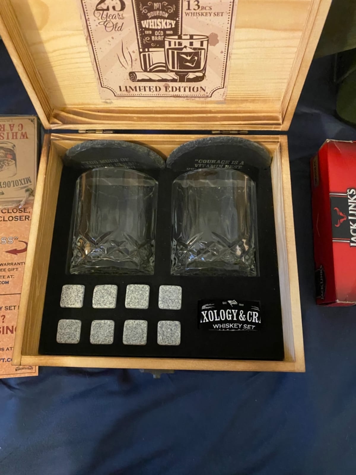 Mixology & Craft Whiskey Stones Gift Set: with Two 10oz Lead-Free Crystal Whiskey Glasses, 8 Whiskey Stones with Velvet Bag, 2 Slate Coasters & Recipe Cards in Wooden Crate customer photo 2