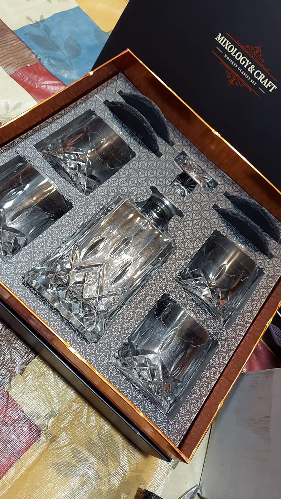 Mixology & Craft Luxury Whiskey Decanter Gift Set - 25oz Crystal Decanter, 4 Old-Fashioned Glasses, 4 Slate Coasters Premium Black Gift Box customer photo 2