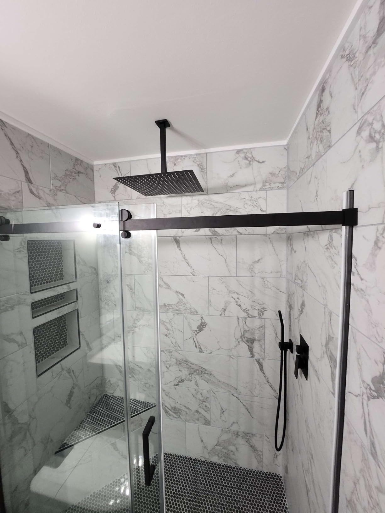 Aolemi Ceiling Shower Faucet with Handheld 12 Inch Head Brushed Nickel | Shower Valve and Trim Kit, SUS304 Rain Head and Handle Set System, All Metal, Bathroom, Handheld Spray customer photo 1
