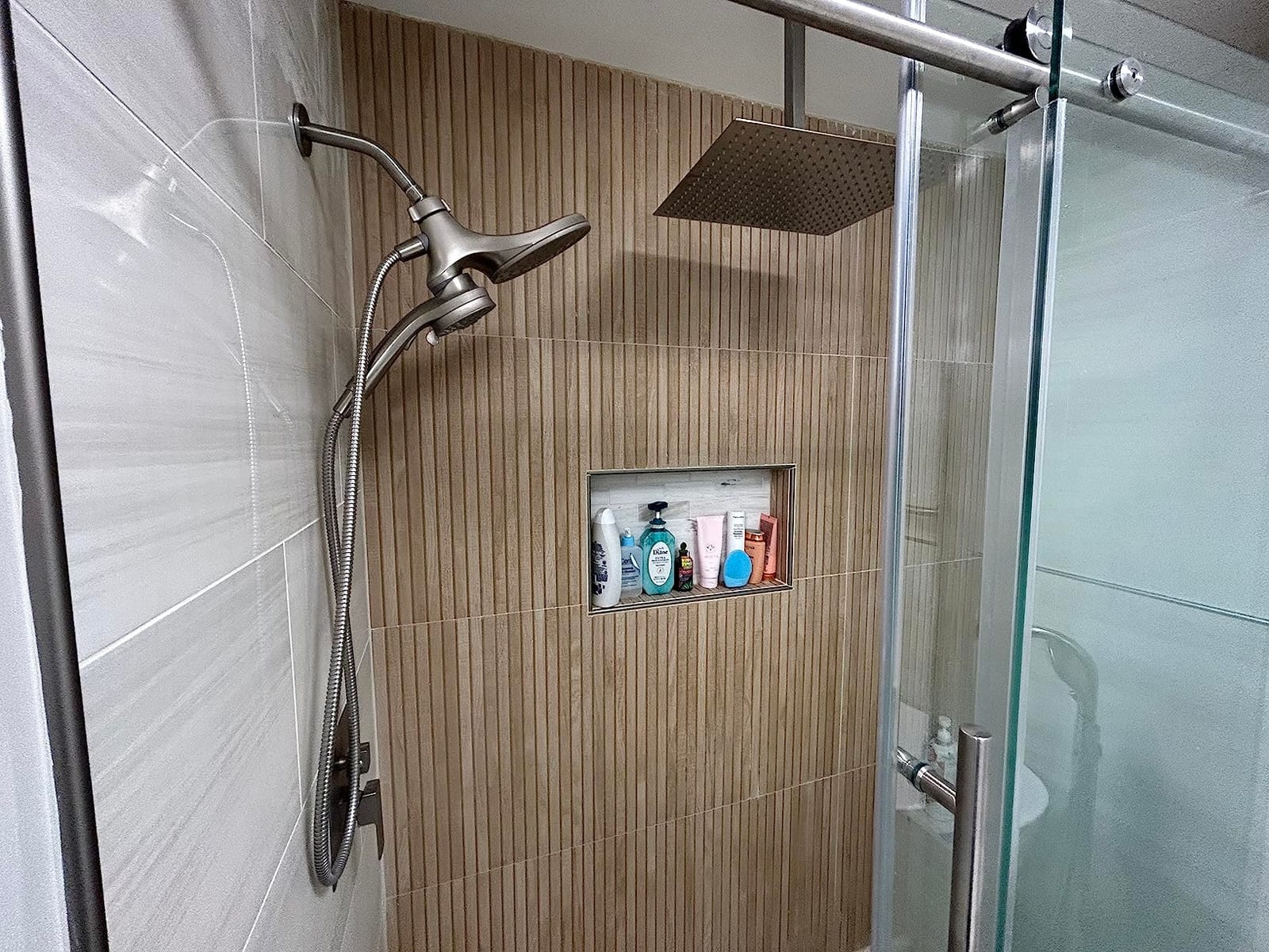 Aolemi Ceiling Shower Faucet with Handheld 12 Inch Head Brushed Nickel | Shower Valve and Trim Kit, SUS304 Rain Head and Handle Set System, All Metal, Bathroom, Handheld Spray customer photo 2