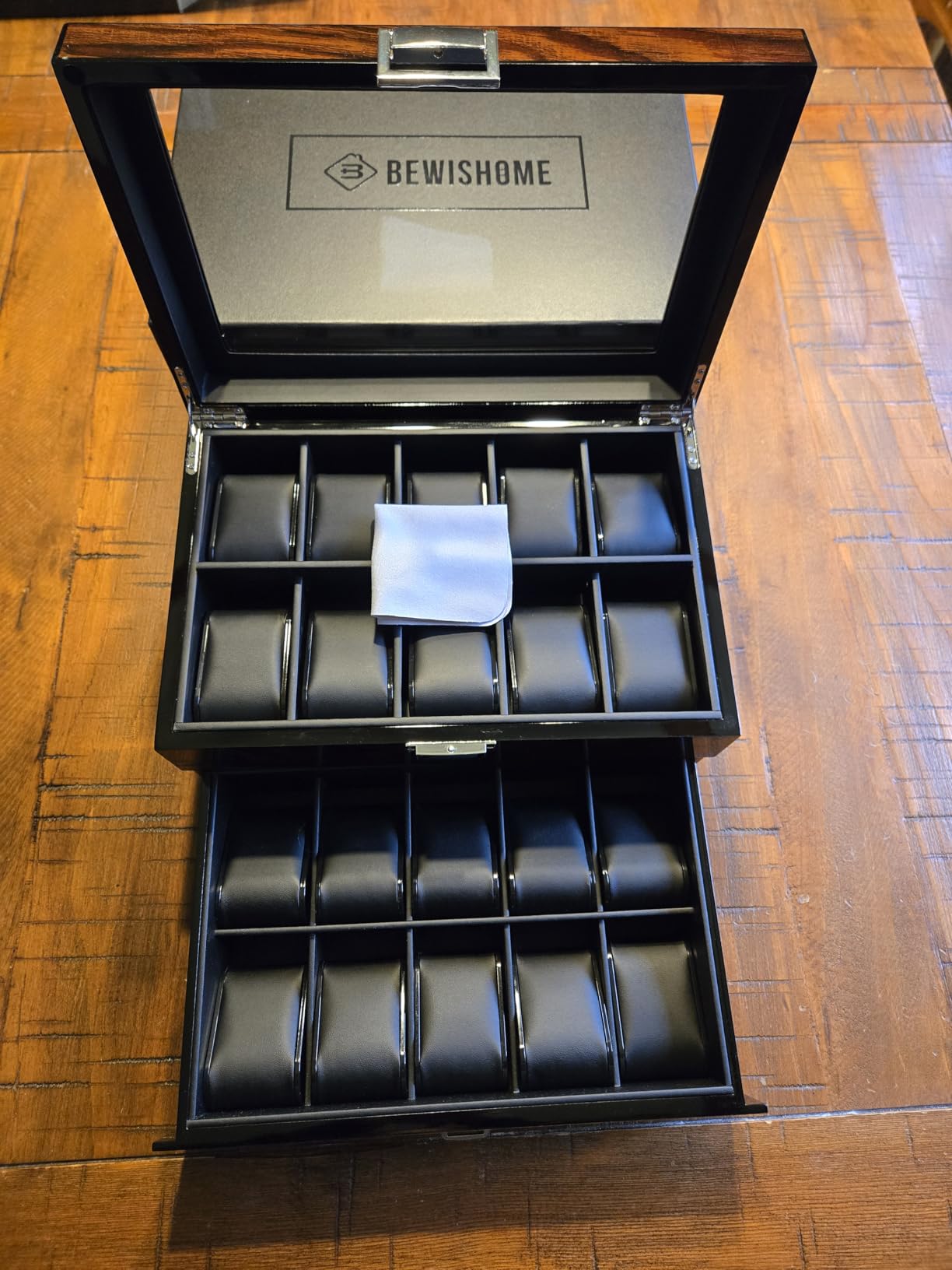BEWISHOME High-End Watch Case, 20-Slot Watch Box Organizer Large Glass Lid, Watch Cases for Men with Removable Pillows, Wooden Watch Box, Synthetic Leather Interior, Brown SSH04Y customer photo 1