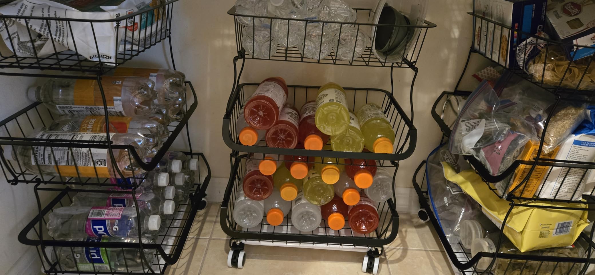 OKZEST 3-Tier Rolling Pantry Floor Organizers and Storage Cart with Wheels | Fits under pantry shelf, Stackable kitchen pantry baskets with dirt catch tray, Holds drink, snack, can, potato, onion, fruit customer photo 2
